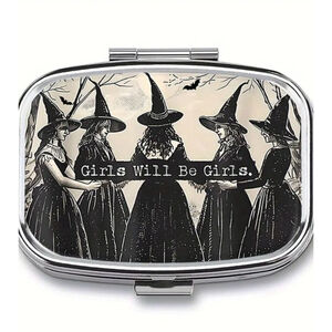 Pill Box | Girls Will Be Girls Witch Design Black and Silver